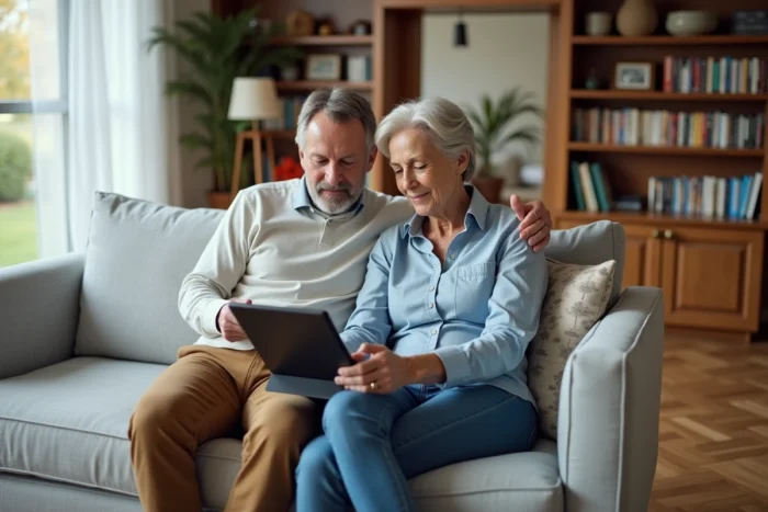 Couple résolvant un problème sur un portail immobilier en ligne depuis leur salon avec une tablette