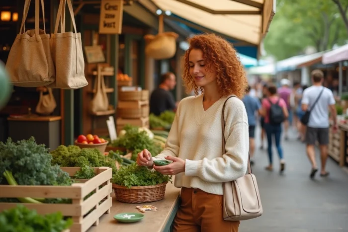 Jeune femme faisant ses courses dans un marché local avec des sacs réutilisables et des produits zéro déchet
