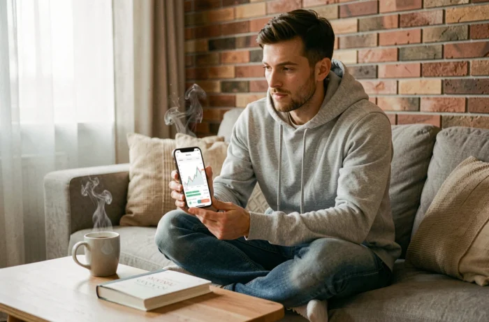Jeune investisseur débutant consultant une application de trading boursier sur smartphone depuis son salon