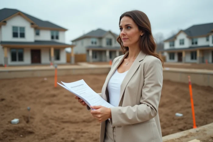 Femme tenant un dossier de demande de permis de construire sur un terrain à bâtir en zone résidentielle