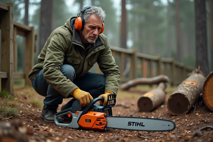 Homme en vêtements de travail préparant le démarrage d'une tronçonneuse Stihl dans un jardin rural entouré de bûches