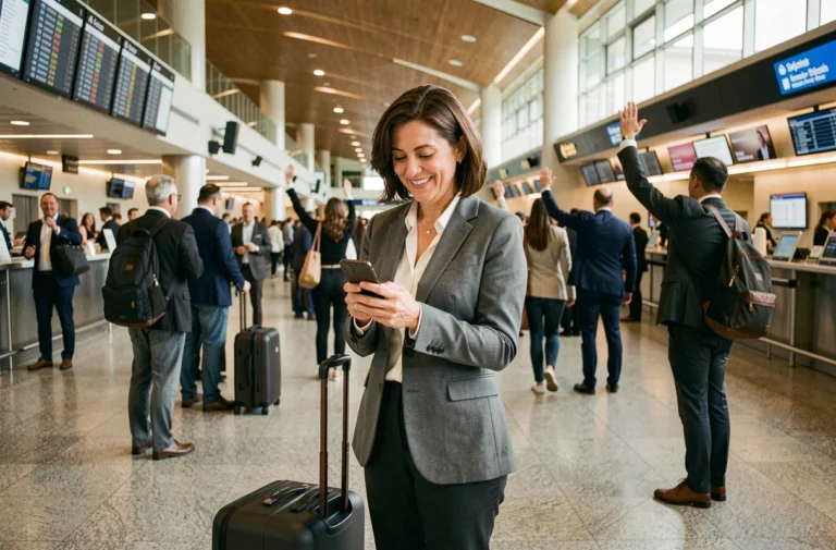 Une collègue en départ à l'étranger à l'aéroport, souriante avec sa valise, symbolisant les messages d'adieu entre collègues