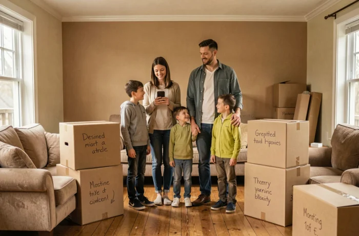 Une famille entourée de cartons de déménagement, la mère lisant un message touchant reconnaissant la complexité d'un départ en famille