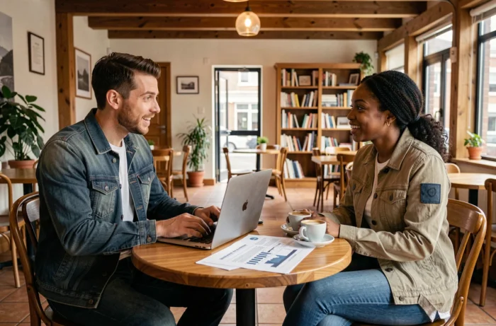Deux jeunes entrepreneurs discutant d'un plan d'affaires autour d'un café dans un espace de travail informel