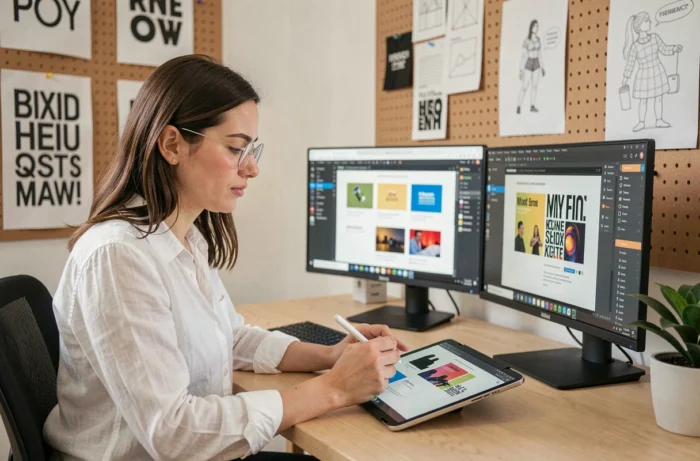 Art director working on a visual identity in a modern creative agency studio