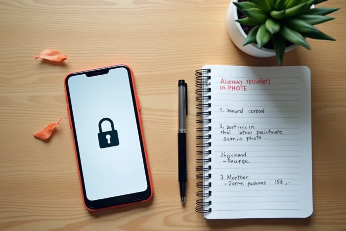 Vue aérienne d'un smartphone montrant un écran de récupération de compte avec des notes manuscrites sur un bureau en bois