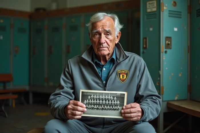 Entraîneur âgé contemplant une photo d'équipe historique dans un vestiaire vintage, hommage aux figures emblématiques du sport