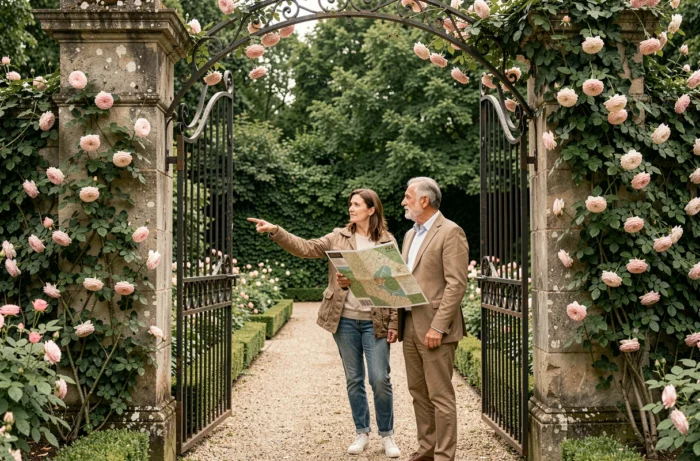 Couple organizing their visit at the entrance of Jardin D'Helena with a tourist map