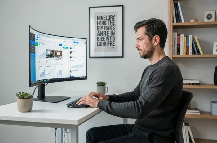 Entrepreneur analysant des données de campagne marketing sur deux écrans dans un bureau à domicile