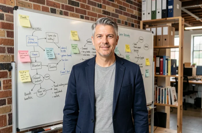 Entrepreneur devant un tableau blanc avec des schémas de stratégie commerciale dans un bureau de startup