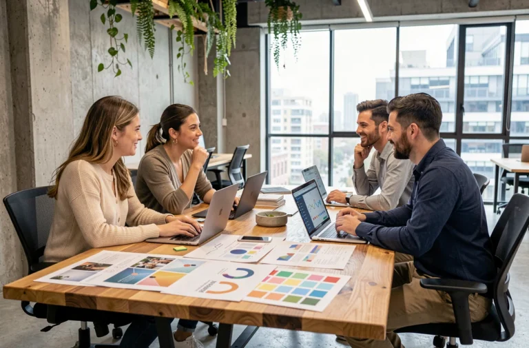 Équipe créative d'une agence digitale collaborant autour d'une table avec des moodboards et des tableaux de bord marketing