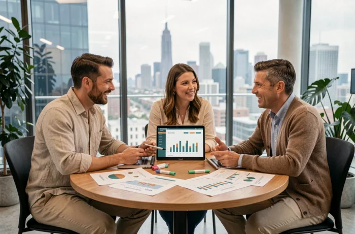 Équipe marketing en réunion autour d'une table avec rapports d'analyse et ordinateur portable