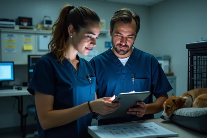 Équipe vétérinaire de nuit consultant des fiches médicales à la station de soins avec un chien en surveillance