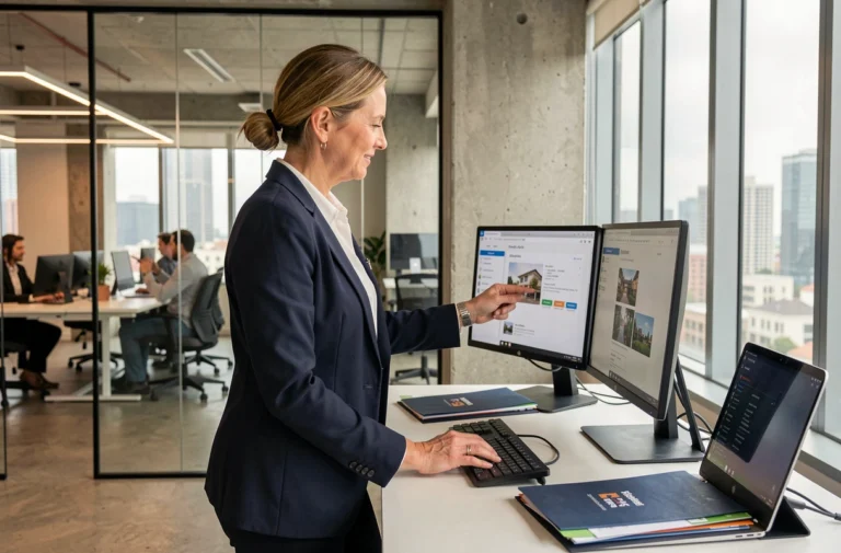 Agent immobilier professionnel utilisant un équipement informatique performant dans une agence moderne