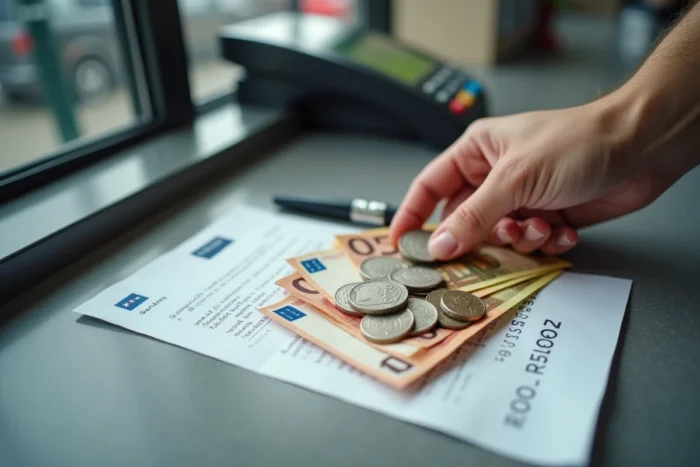 Gros plan sur un paiement en espèces et en pièces à la caisse d'une station-service