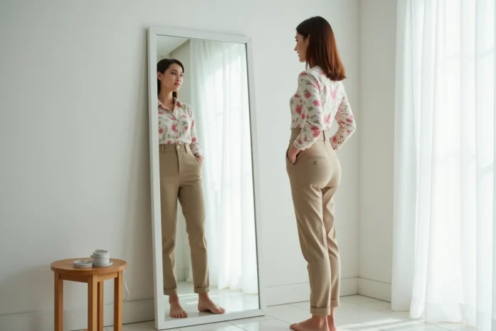 Femme de face devant un miroir essayant un haut taille M bien ajusté