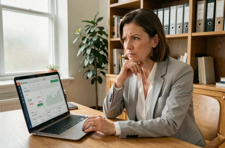 Femme consultant une estimation immobilière en ligne sur son ordinateur portable dans un bureau à domicile