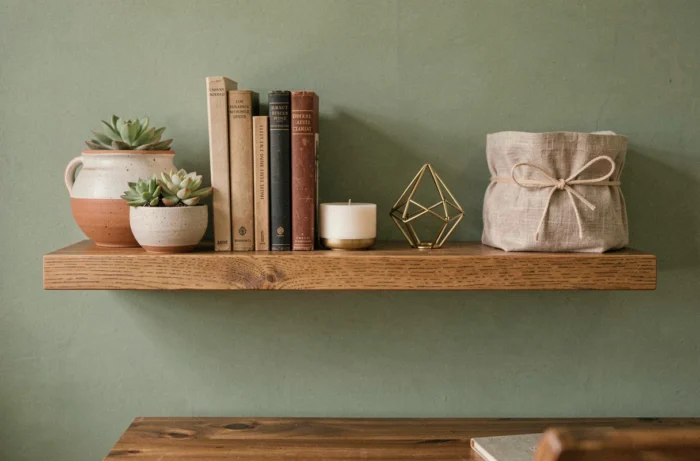 Étagère décorative personnalisée avec poterie artisanale, livres vintage, plantes succulentes et objets en laiton pour sublimer un intérieur