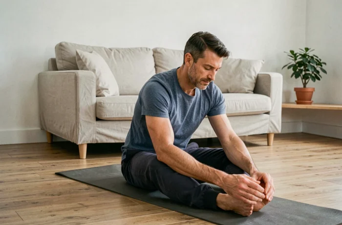 Homem adulto praticando alongamentos de yoga em um tapete em um apartamento minimalista para o bem-estar diário
