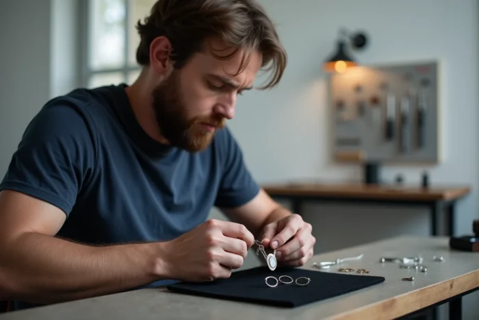 Homme artisan assemblant un bijou en argent avec un œil de Sainte Lucie à l'aide de pinces à bijoux