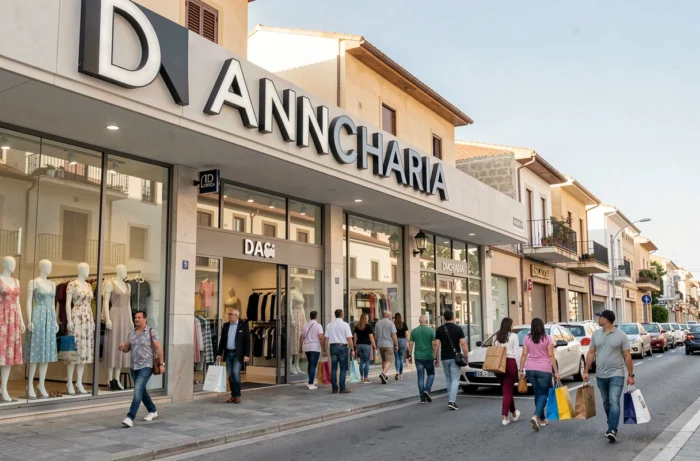 Façade d'un grand magasin de vêtements à Dancharia avec des vitrines de mode et des clients qui entrent et sortent