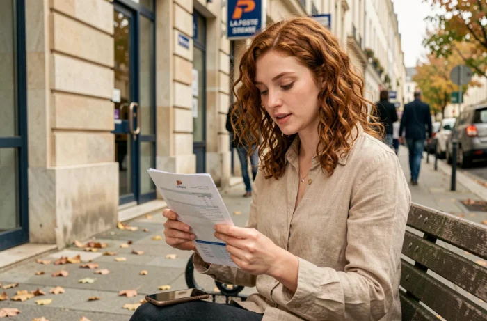 Joven leyendo una factura de La Poste Mobile frente a una oficina de correos en la ciudad