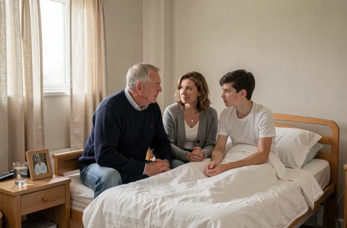 Famille réunie au chevet d'un proche en soins palliatifs, moment de soutien émotionnel et d'accompagnement en fin de vie