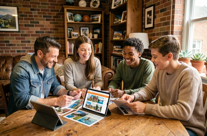 Family gathered around a table to share and organize their travel memories on a family blog