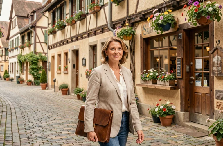 Femme d'affaires marchant dans une rue pittoresque de La Petite Pierre avec des façades alsaciennes à colombages