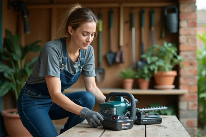 Femme comparant la puissance et la batterie d'un coupe-bordure sans fil avant achat dans un jardin