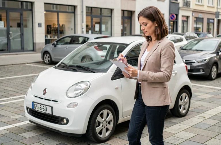 Femme examinant une petite voiture 4cv en milieu urbain avec une liste de critères de sélection