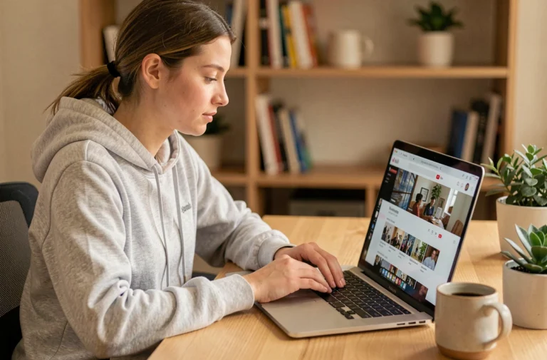 Jeune femme utilisant un convertisseur YouTube en ligne sur son ordinateur portable dans un bureau à domicile