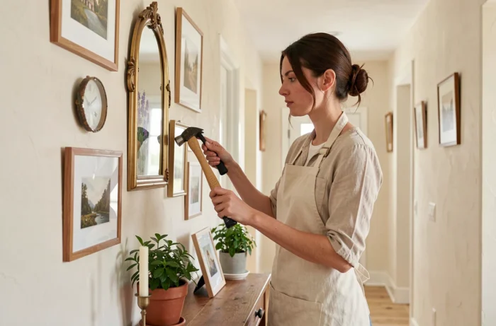 Femme arrangeant des cadres et miroirs décoratifs sur un mur de couloir pour personnaliser son intérieur