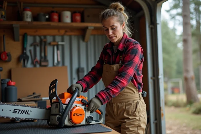 Femme tirant le lanceur d'une tronçonneuse Stihl posée sur un établi dans un atelier de jardinage semi-ouvert
