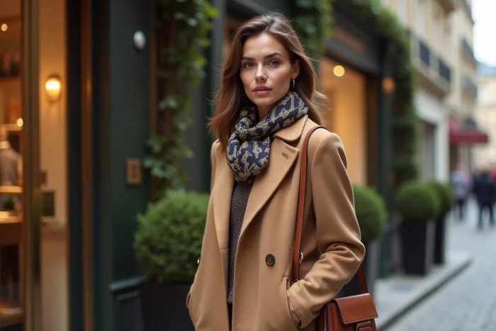 Femme élégante portant un manteau camel et un foulard monogramme Louis Vuitton dans une rue parisienne