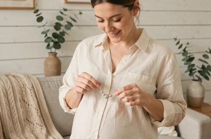 Femme enceinte tenant un bola de grossesse Pandora dans un salon scandinave chaleureux