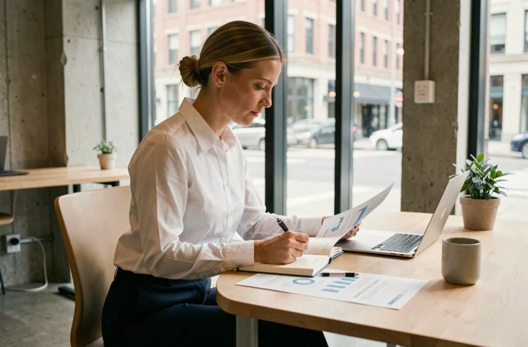 Entrepreneuse en train de planifier le lancement de son entreprise avec des documents et un ordinateur portable dans un espace de coworking moderne