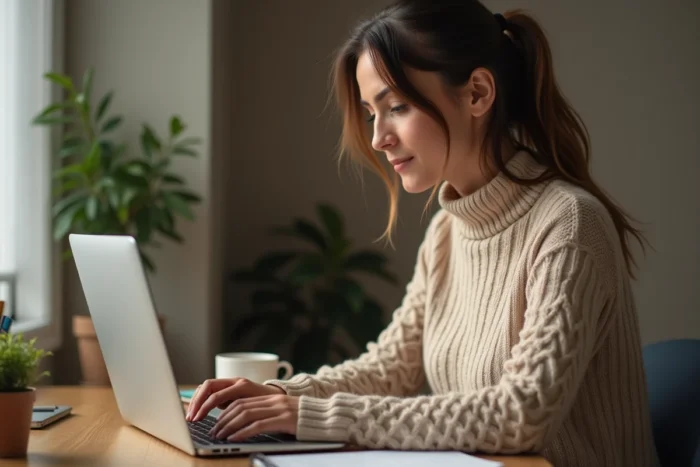 Femme connectée à son espace client MyFoncia sur un ordinateur portable dans un bureau à domicile moderne