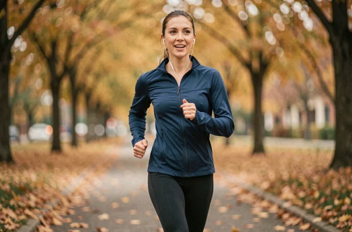 Femme joggeuse en tenue de sport courant sur un sentier urbain en automne, expression concentrée et dynamique