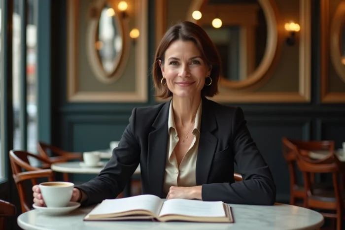Femme journaliste dans un café parisien, carnet ouvert, expression assurée et professionnelle