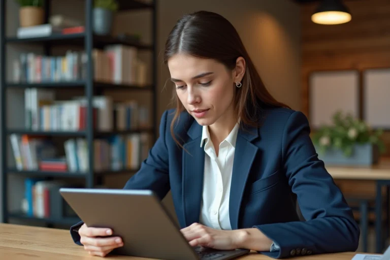 Femme lisant les dernières actualités et tendances sur une tablette numérique dans un espace de travail moderne