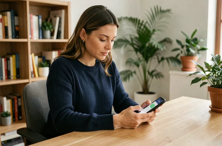 Femme utilisant une application de messagerie Luffa sur smartphone dans un bureau à domicile moderne