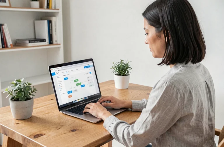 Femme naviguant sur un site web avec un plan du site clair affiché sur un ordinateur portable dans un bureau épuré