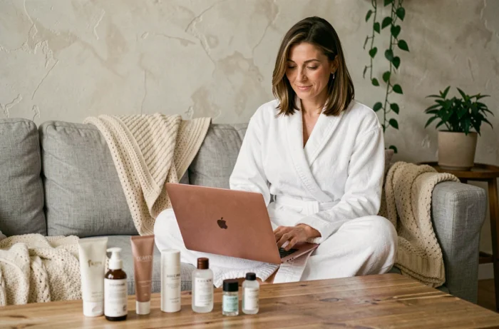 Femme en peignoir blanc consultant un site de beauté sur son ordinateur portable entourée de produits de soin sur une table basse