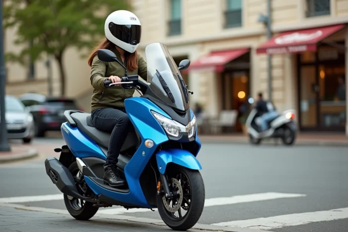 Femme pilote sur un XMAX 125 bleu à la sortie d'un rond-point dans une ville de province française
