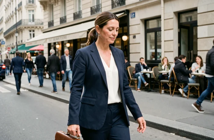 Femme politique marchant dans une rue parisienne, illustrant la vie publique et la préservation de la vie privée