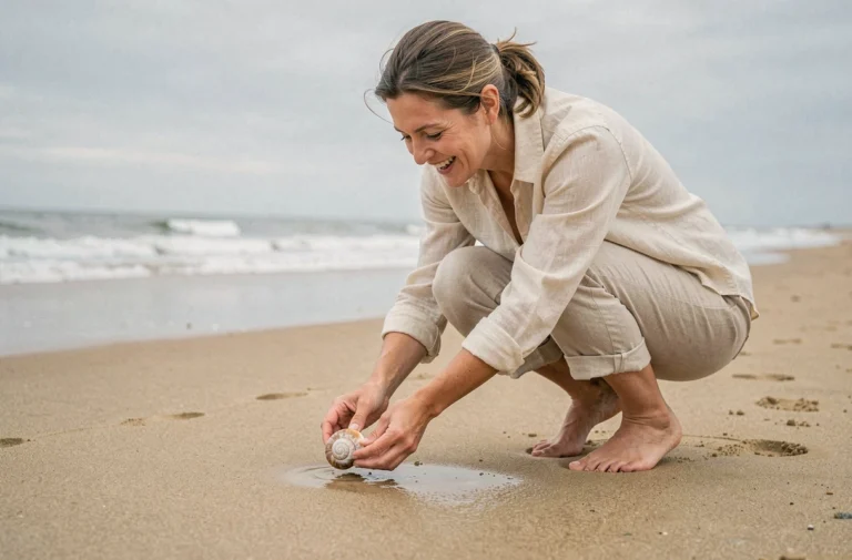 Femme ramassant des coquillages sur une plage des Landes au bord de l'océan Atlantique