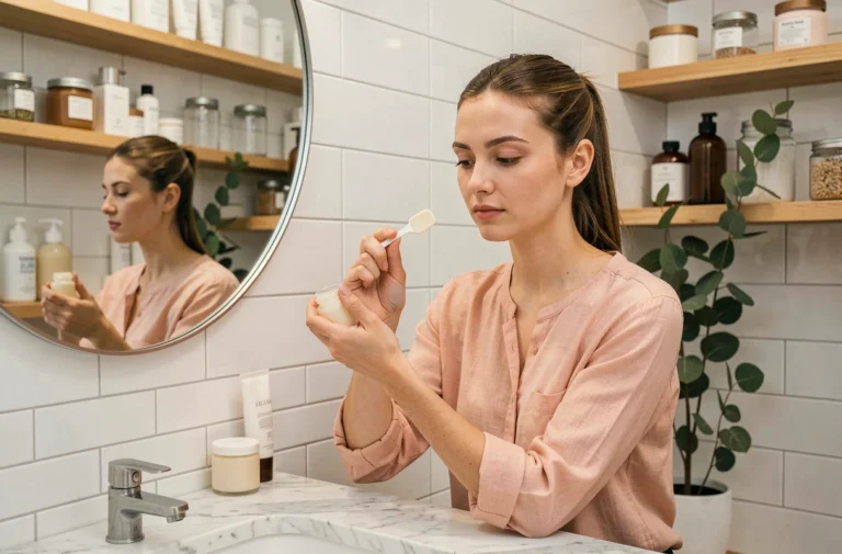 Jeune femme appliquant un soin visage sur une coiffeuse en marbre dans une salle de bain moderne aux étagères garnies de produits de beauté