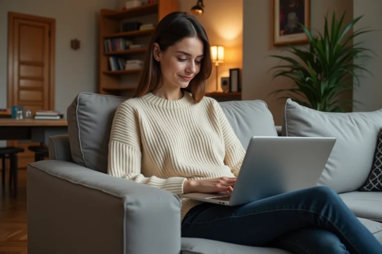 Jeune femme française naviguant sur une plateforme de streaming vidéo depuis son appartement parisien