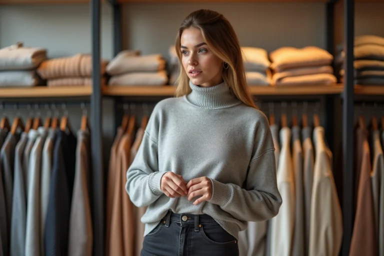 Femme consultant une étiquette de taille M dans une boutique de vêtements bien rangée